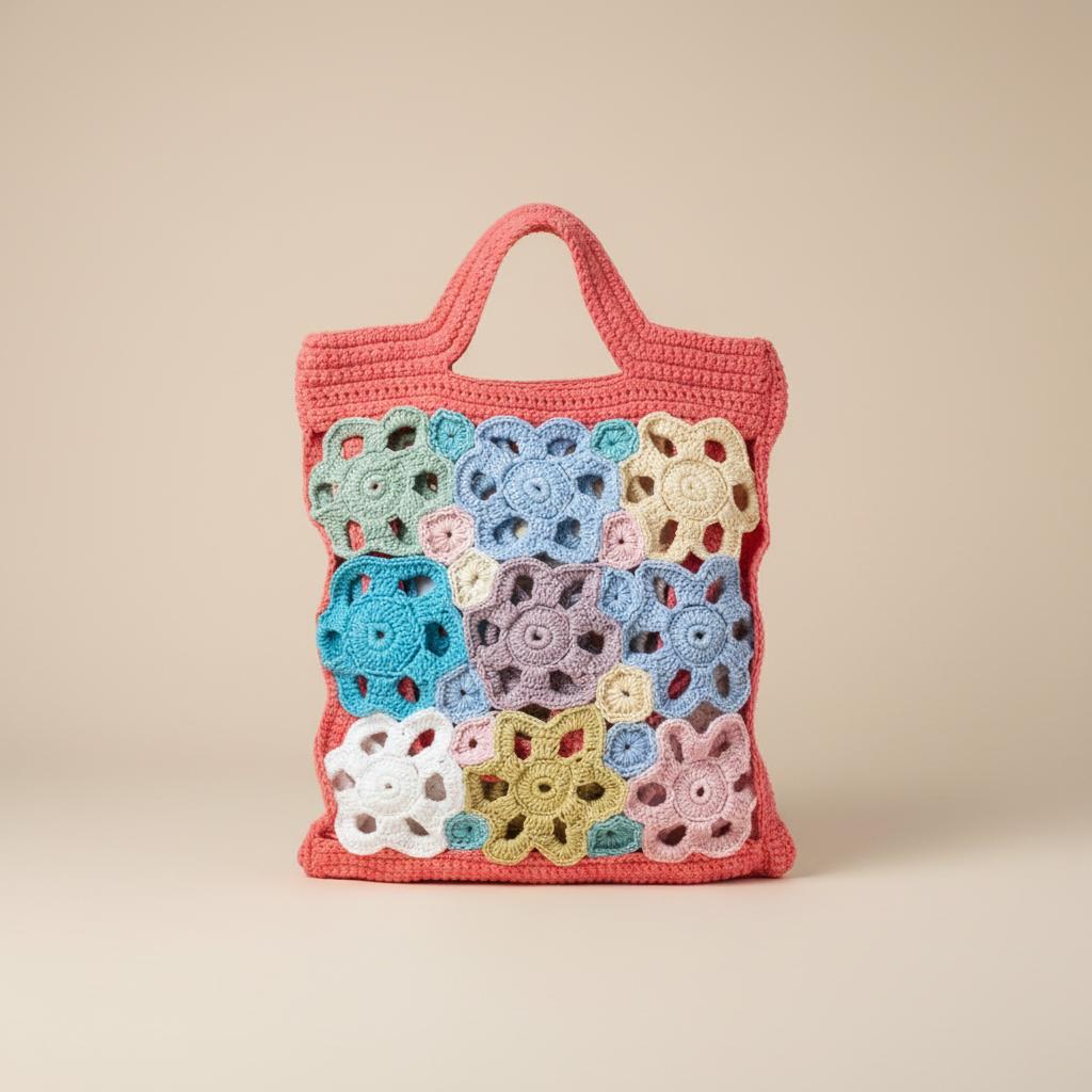 Bolso artesanal de crochet multicolor estilo floral