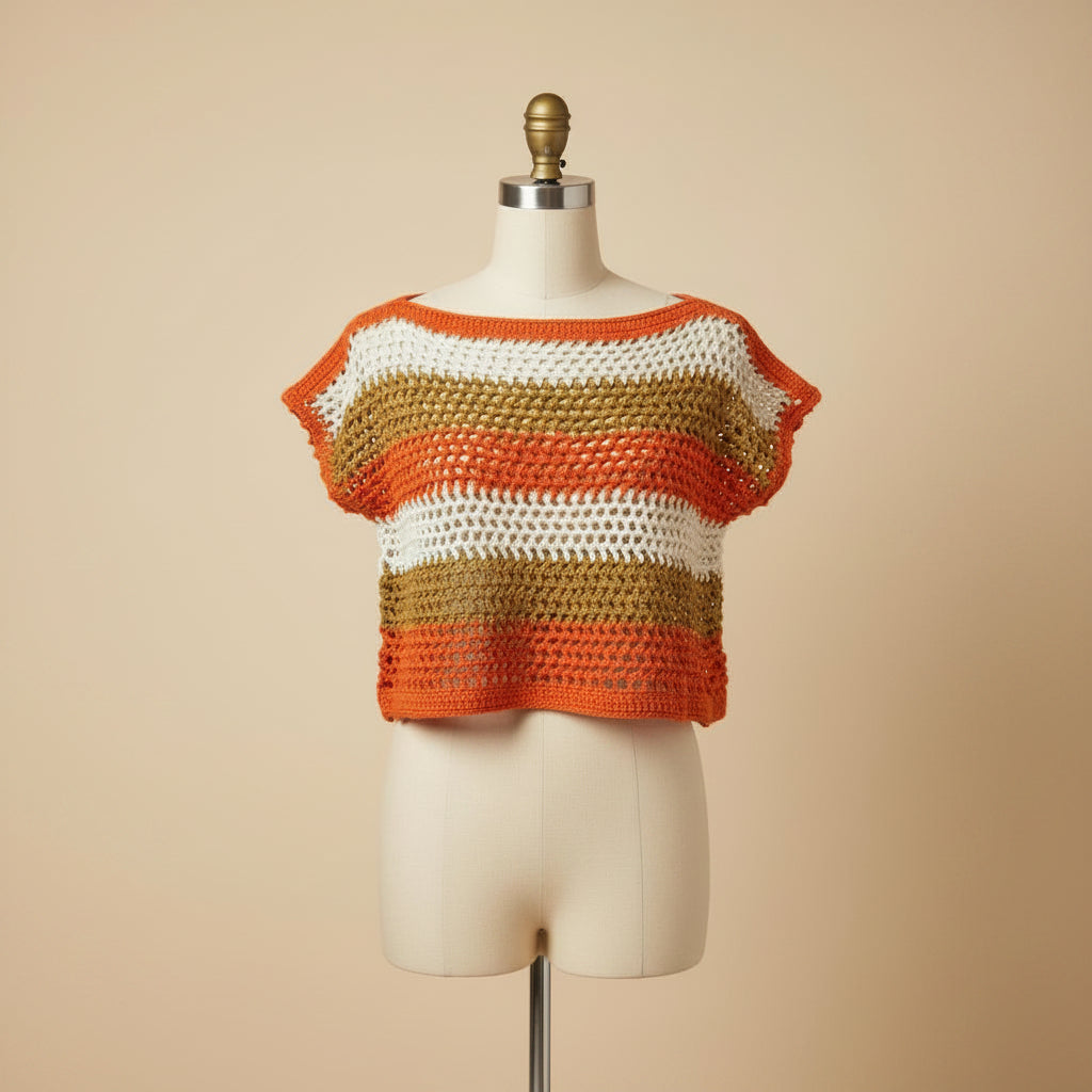 Jersey calado de Hilo de algodón a rayas tricolor hecho a mano a crochet