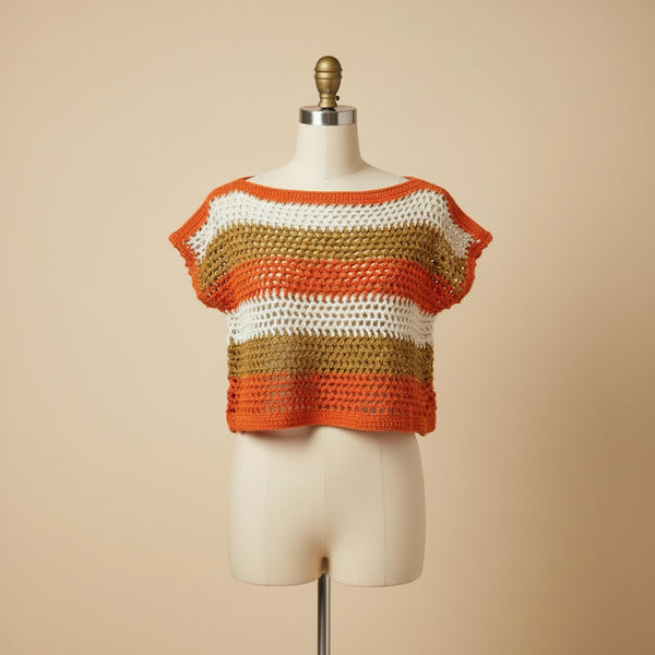 Jersey calado de Hilo de algodón a rayas tricolor hecho a mano a crochet