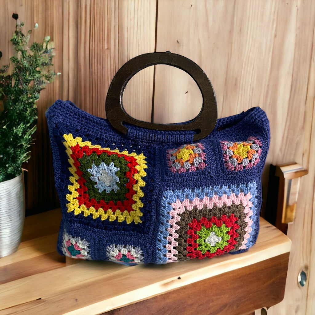 Bolso Mano Crochet Granny Square Azul Marino Asa Madera