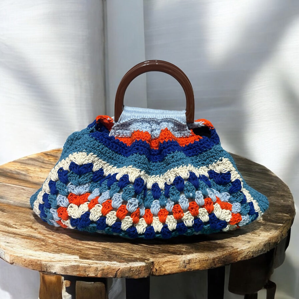 Bolso Mano Crochet Granny Square Asa Madera