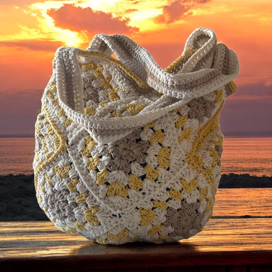 Bolso Tote Crochet Beige Amarillo y Gris