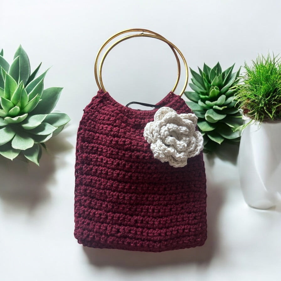 Bolso Mano Crochet Burgundy Flor Crema Anillo Dorado