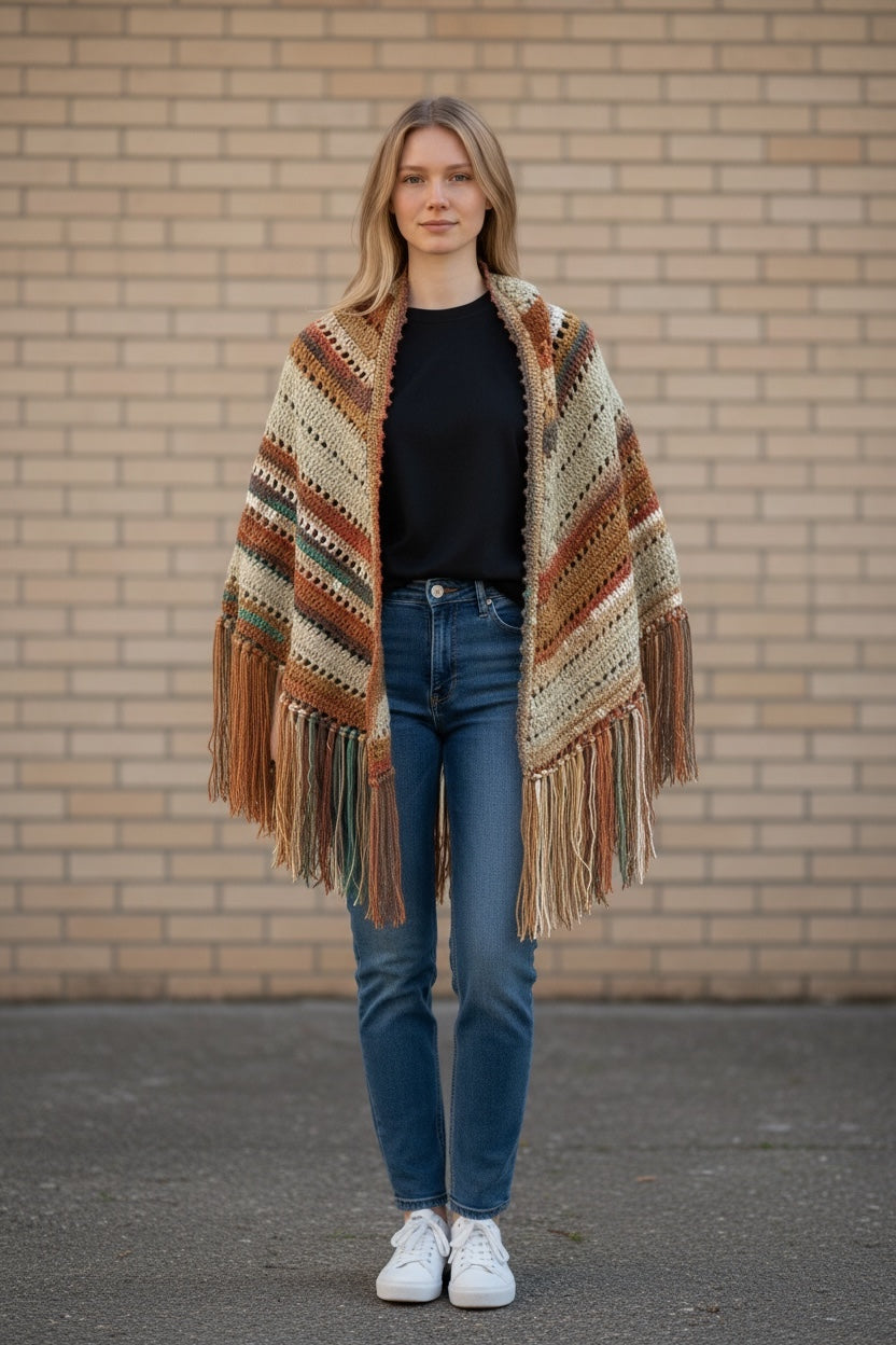 Chal Crochet Colores Tierra con Flecos