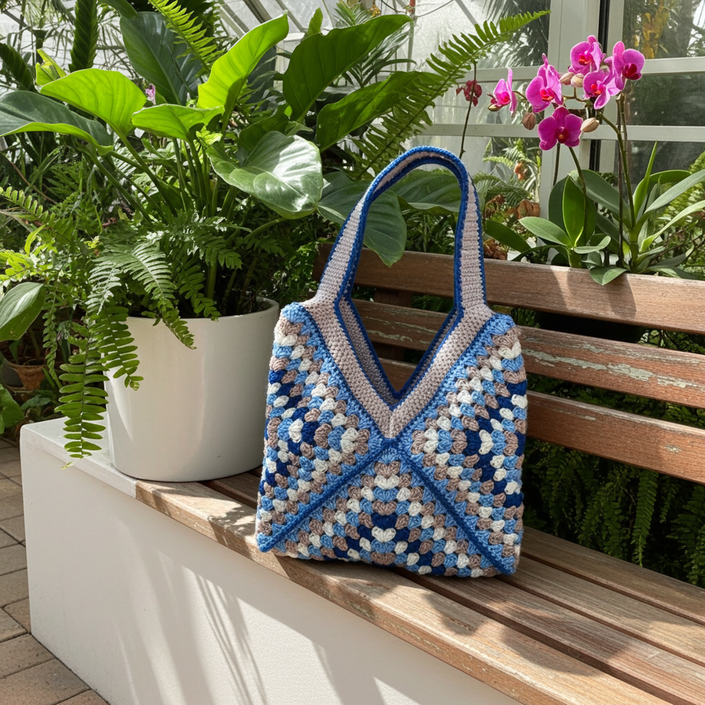 Bolso Playa Crochet Granny Square Azul y Beige