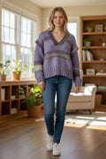 Suéter Crochet Cuello V Lavanda con Rayas