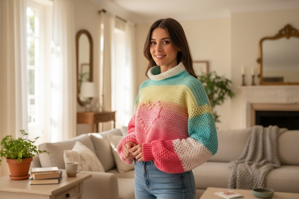 Suéter Crochet Cropped Pastel Arcoíris Cuello Alto