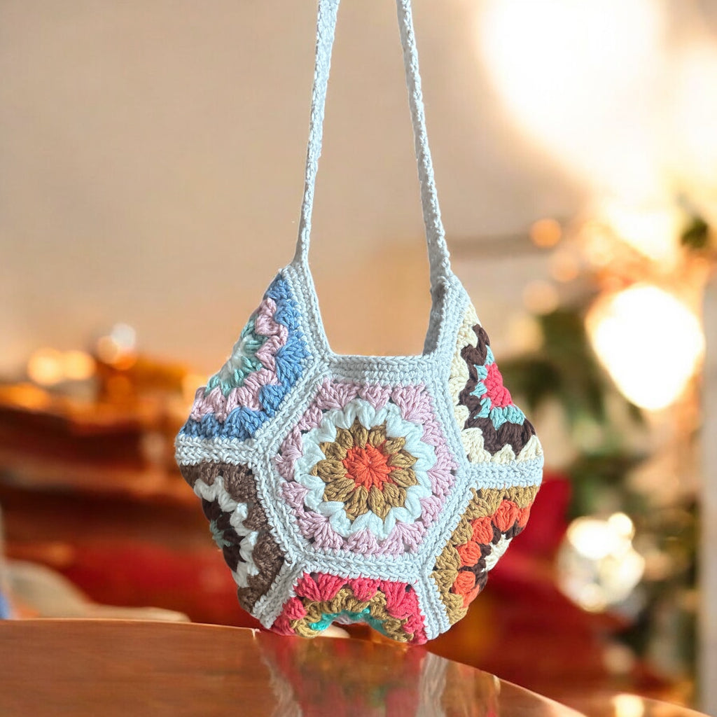 Bolso Hombro Crochet Hexagonal con Flores Boho