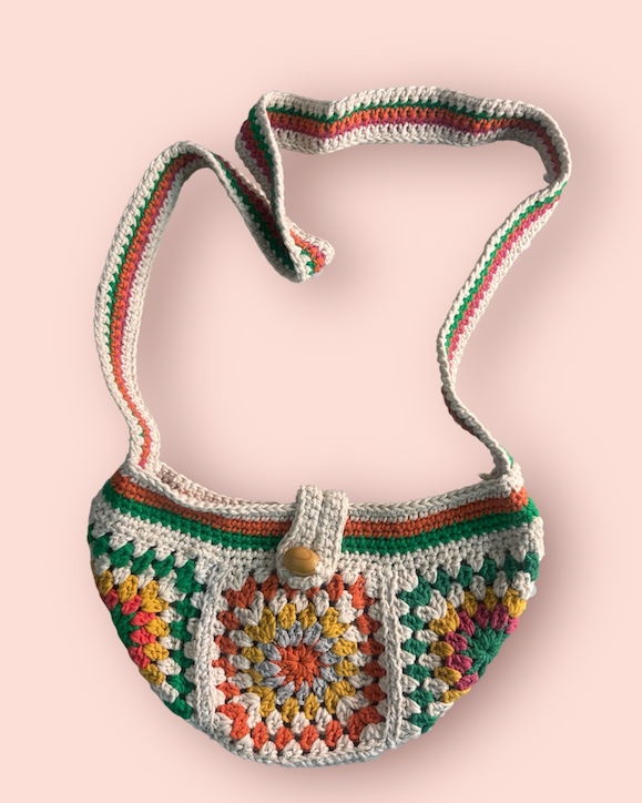 Bolso Cruzado Crochet Granny Square Botón Madera