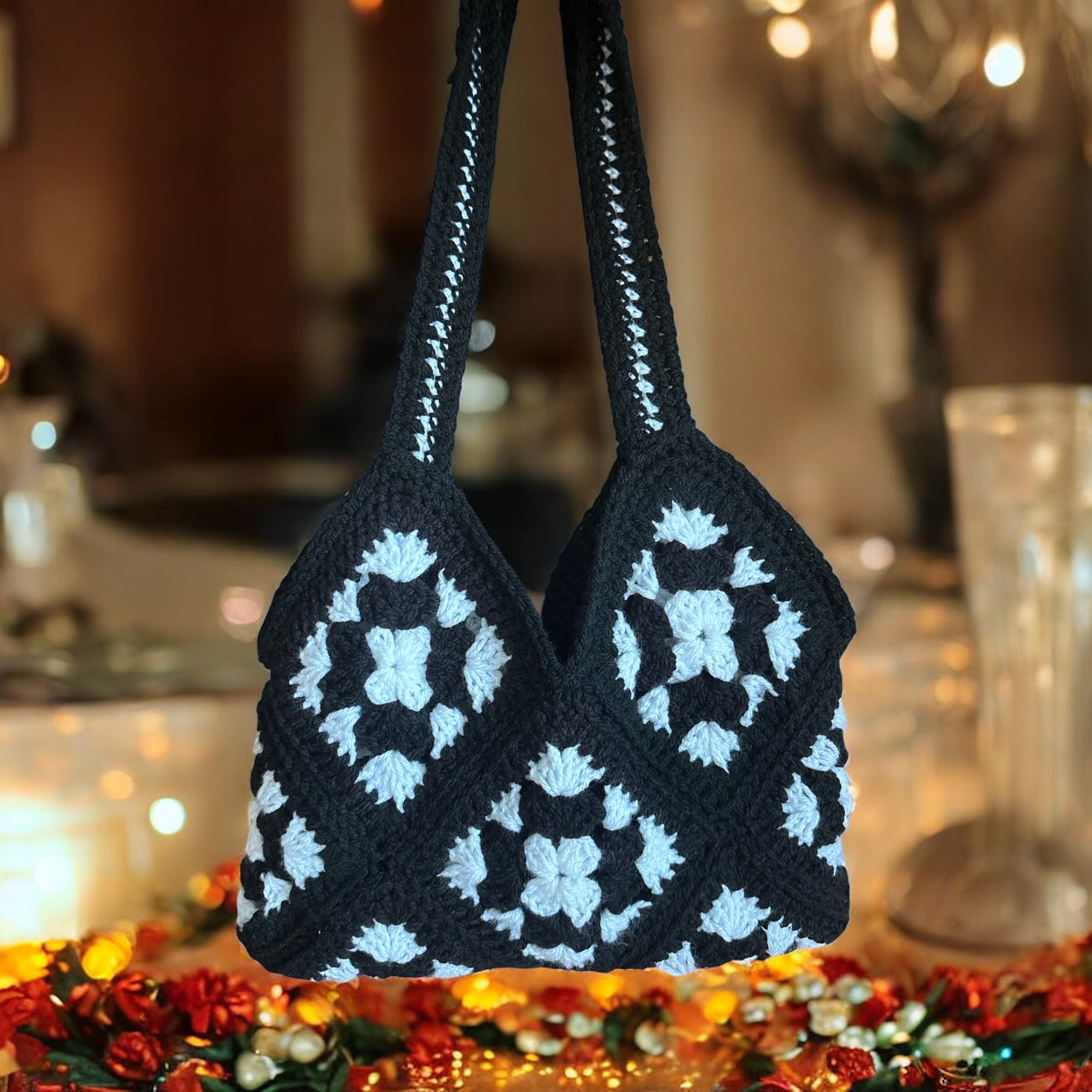 Bolso Hombro Crochet Granny Square Negro con Flores