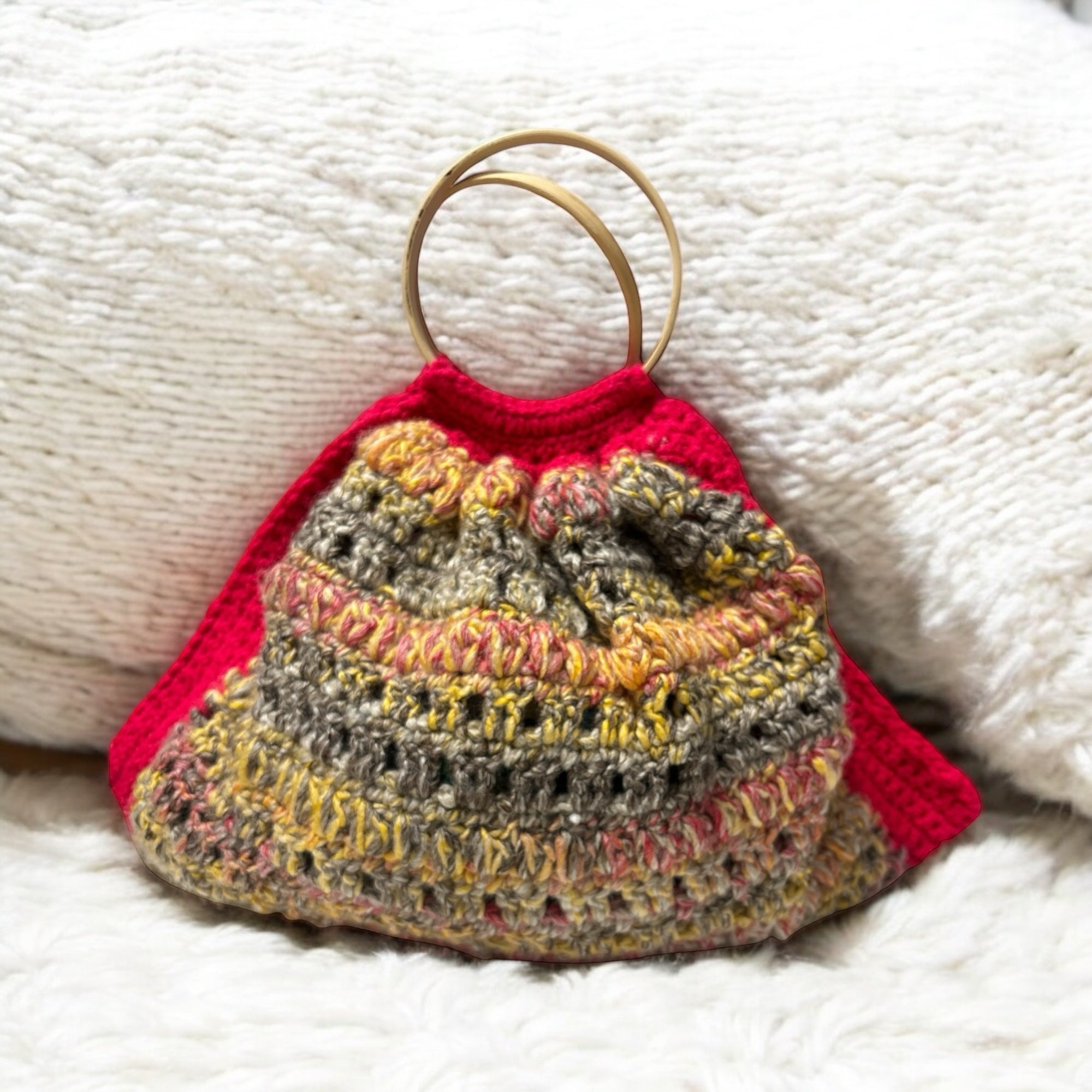 Bolso Mano Crochet Rojo Asa Bambú