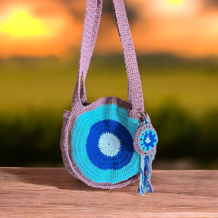 Bolso Cruzado Crochet Circular Turquesa y Marrón