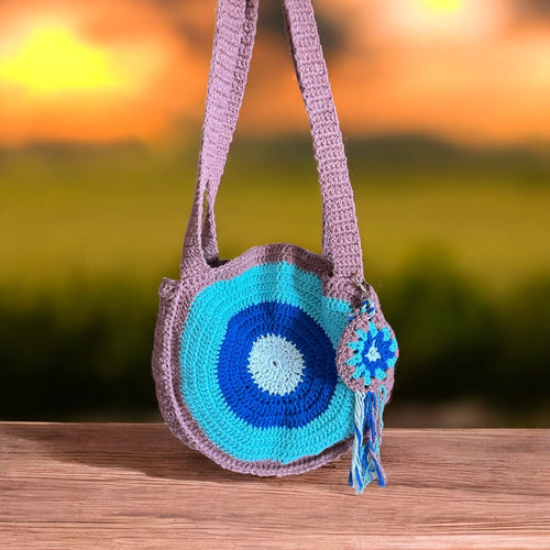 Bolso Cruzado Crochet Circular Turquesa y Marrón