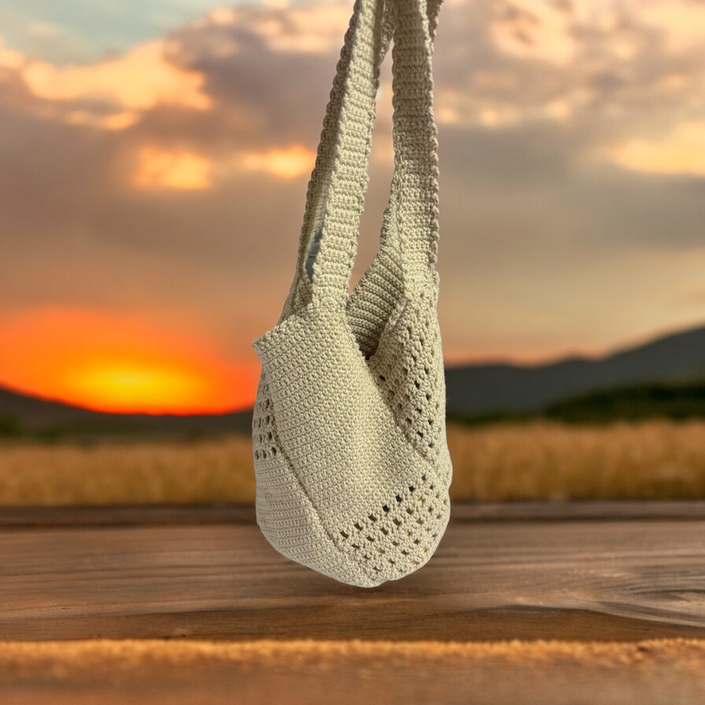 BOLSO TEJIDO A CROCHET COLOR CRUDO PUNTO CALADO DOBLE ASA