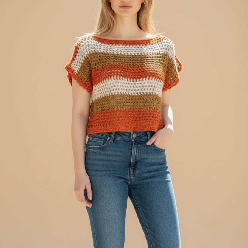 Jersey calado de Hilo de algodón a rayas tricolor hecho a mano a crochet