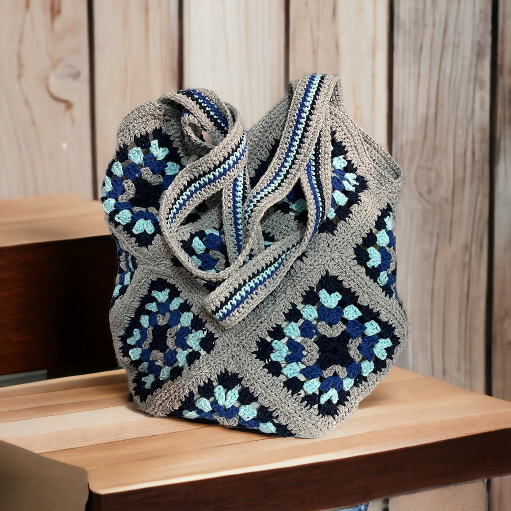 Bolso Hombro Crochet Granny Square Azul y Gris