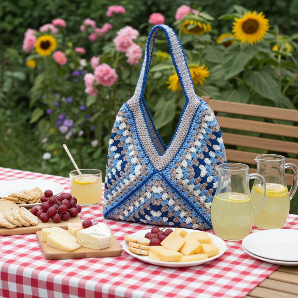 Bolso Playa Crochet Granny Square Azul y Beige