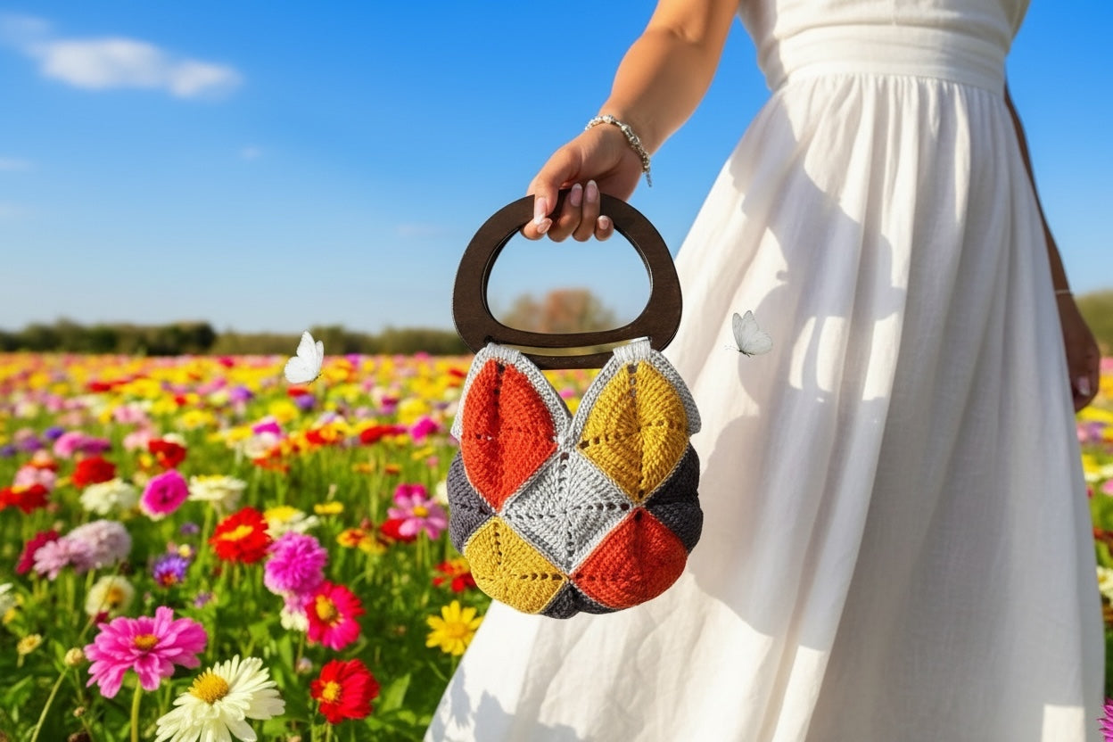 Bolso Mano Crochet Geométrico Asa de Madera