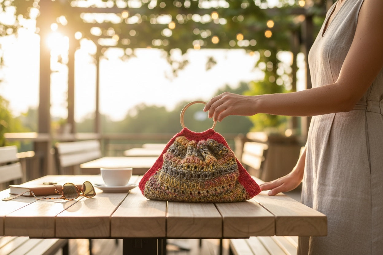 Bolso Mano Crochet Rojo Asa Bambú