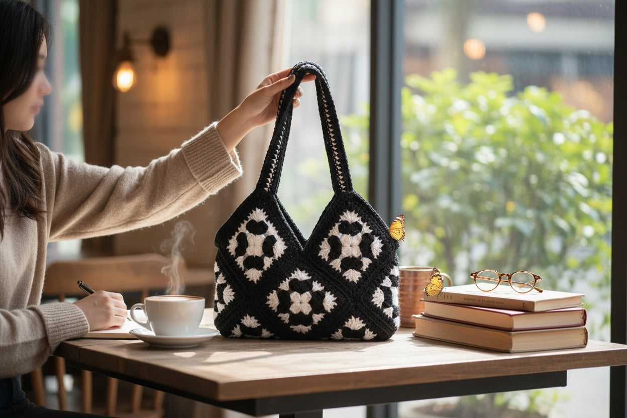 Bolso Hombro Crochet Granny Square Negro con Flores
