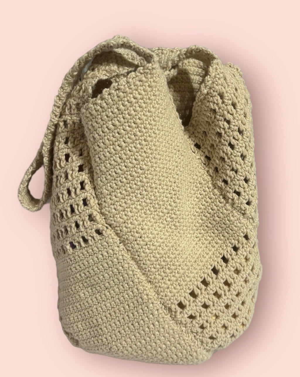 BOLSO TEJIDO A CROCHET COLOR CRUDO PUNTO CALADO DOBLE ASA
