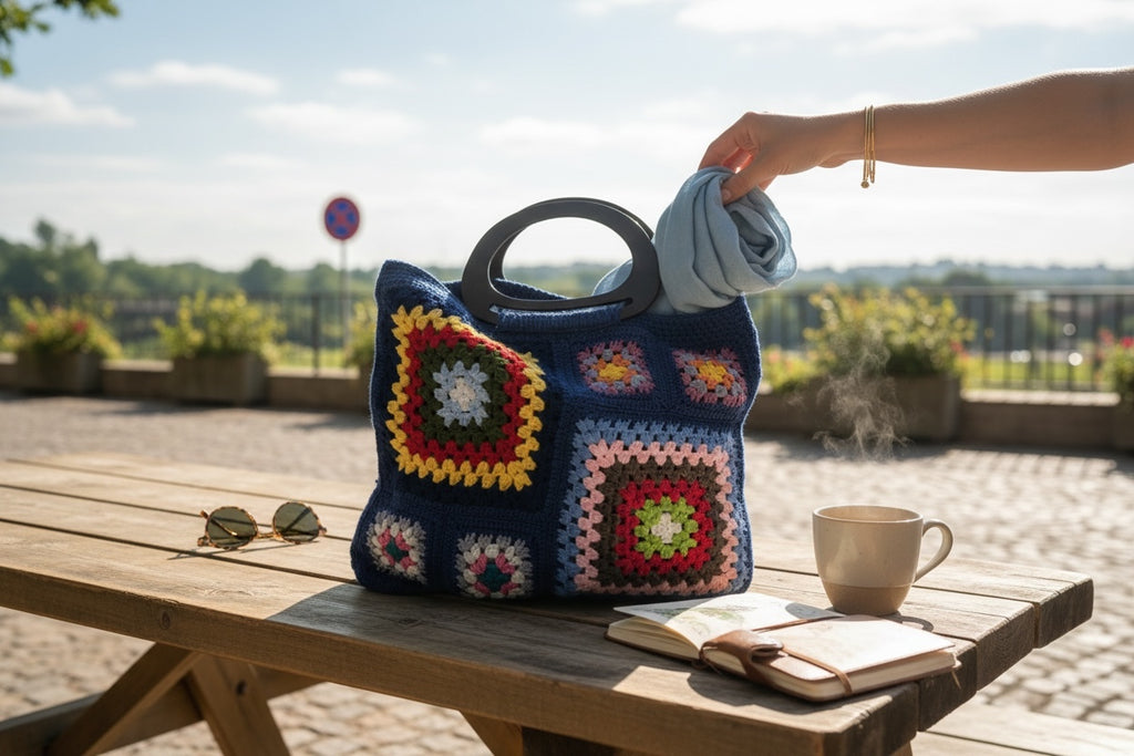 Bolso Mano Crochet Granny Square Azul Marino Asa Madera