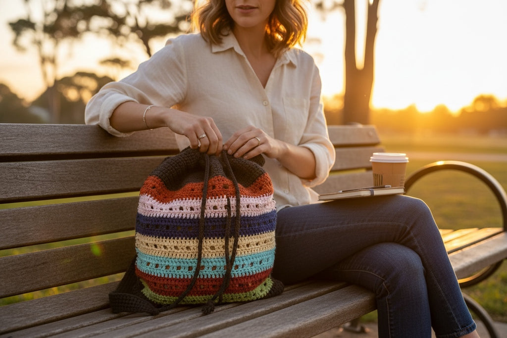 BOLSO TEJIDO A CROCHET BASE GRIS CON COLORINES
