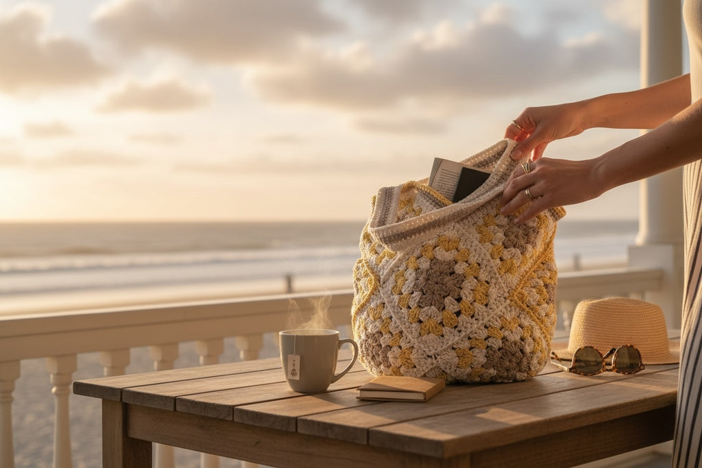 Bolso Tote Crochet Beige Amarillo y Gris