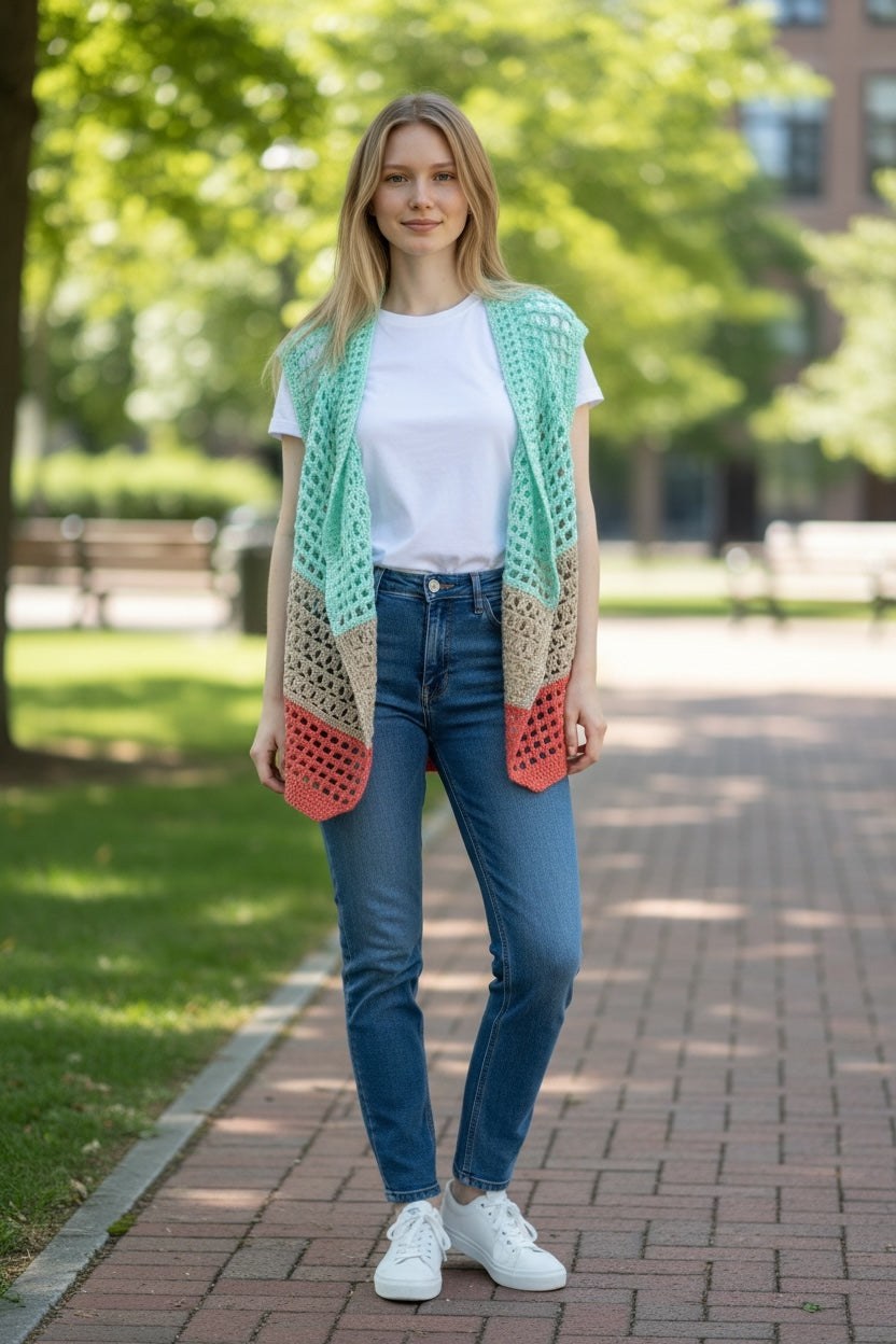 Chaleco Largo Crochet Tricolor