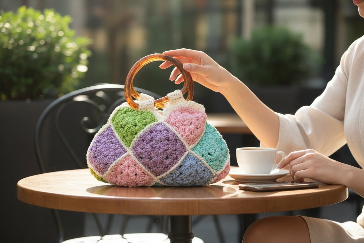 Bolso Mano Crochet Granny Square Pastel Asa Acrílico
