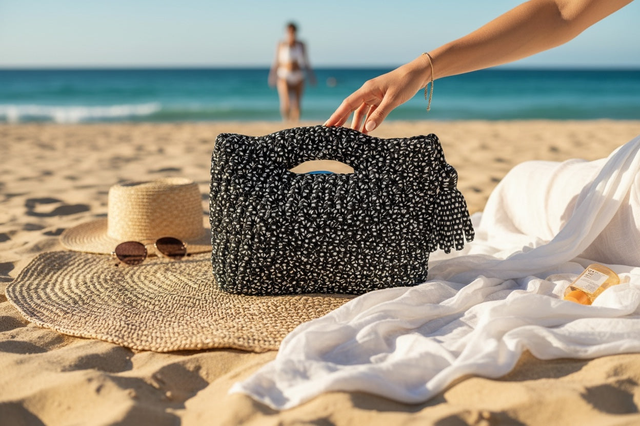 BOLSO DE TRAPILLO TEJIDO A CROCHET BLANCO CON NEGRO