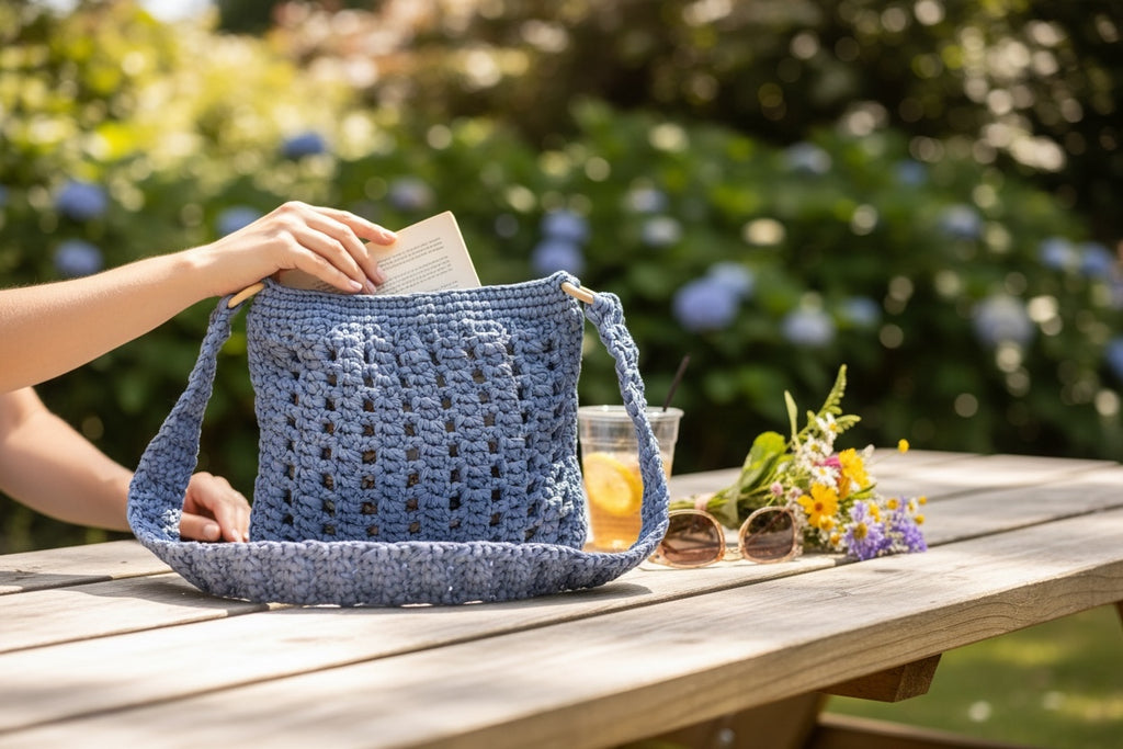 BOLSO DE TRAPILLO LILA TEJIDO A CROCHET
