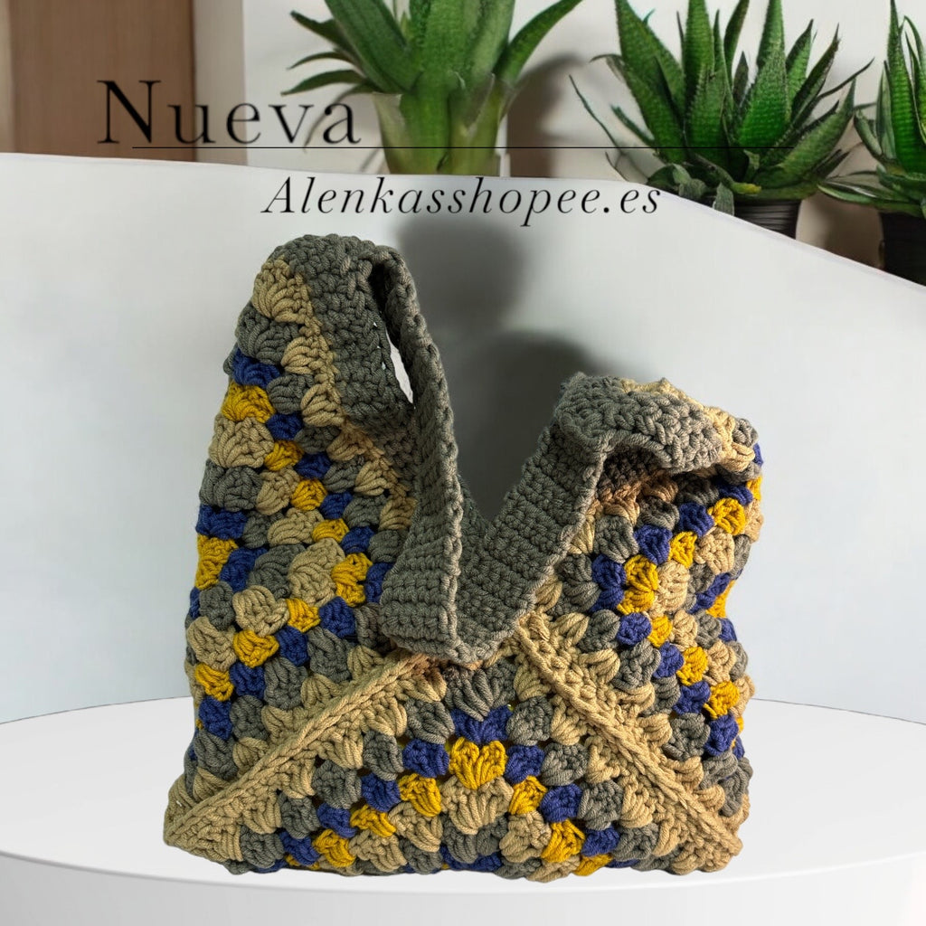 Bolso Tote Crochet Gris Azul y Amarillo
