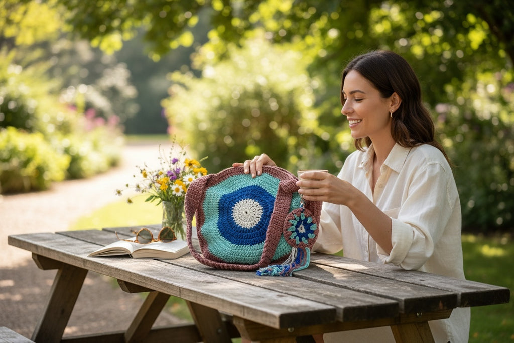 Bolso Cruzado Crochet Circular Turquesa y Marrón