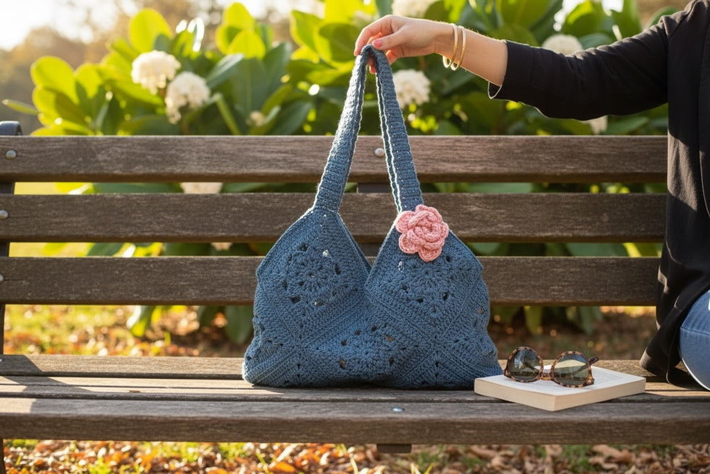 Bolso Mano Crochet Azul con Flor Rosa