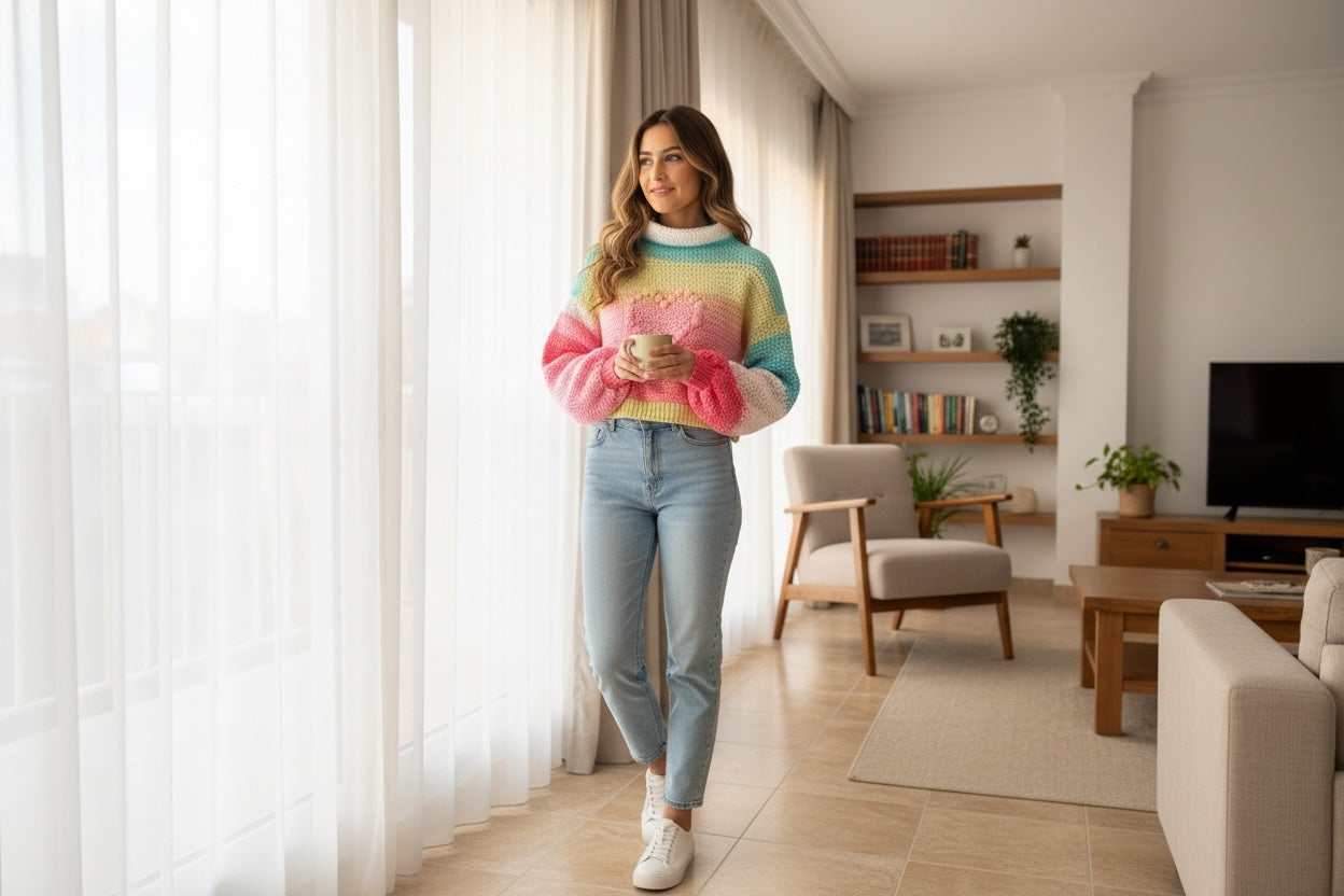 Suéter Crochet Cropped Pastel Arcoíris Cuello Alto