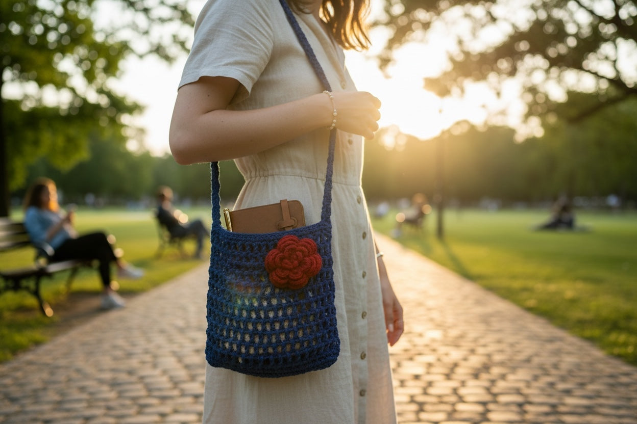 BOLSO TEJIDO A CROCHET AZULINO CON UNA FLOR ROJA