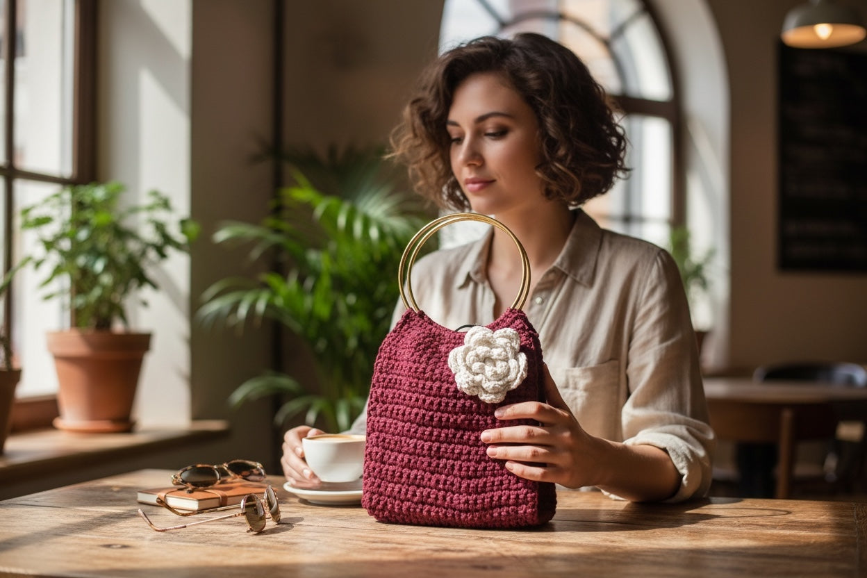 Bolso Mano Crochet Burgundy Flor Crema Anillo Dorado
