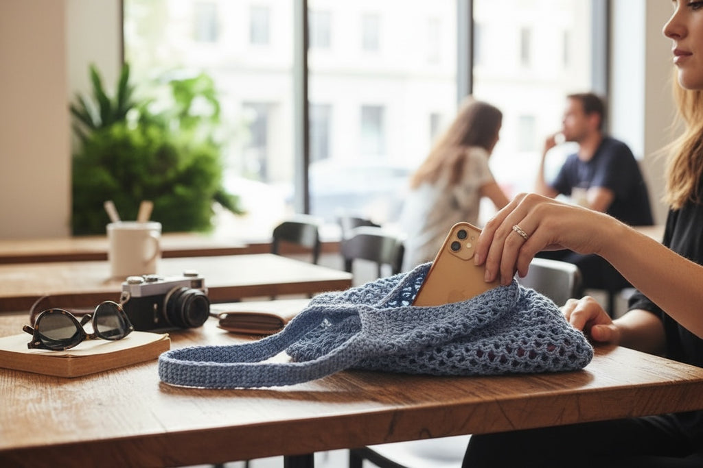 BOLSO TEJIDO A CROCHET CALADO DE HILO AZUL CLARO