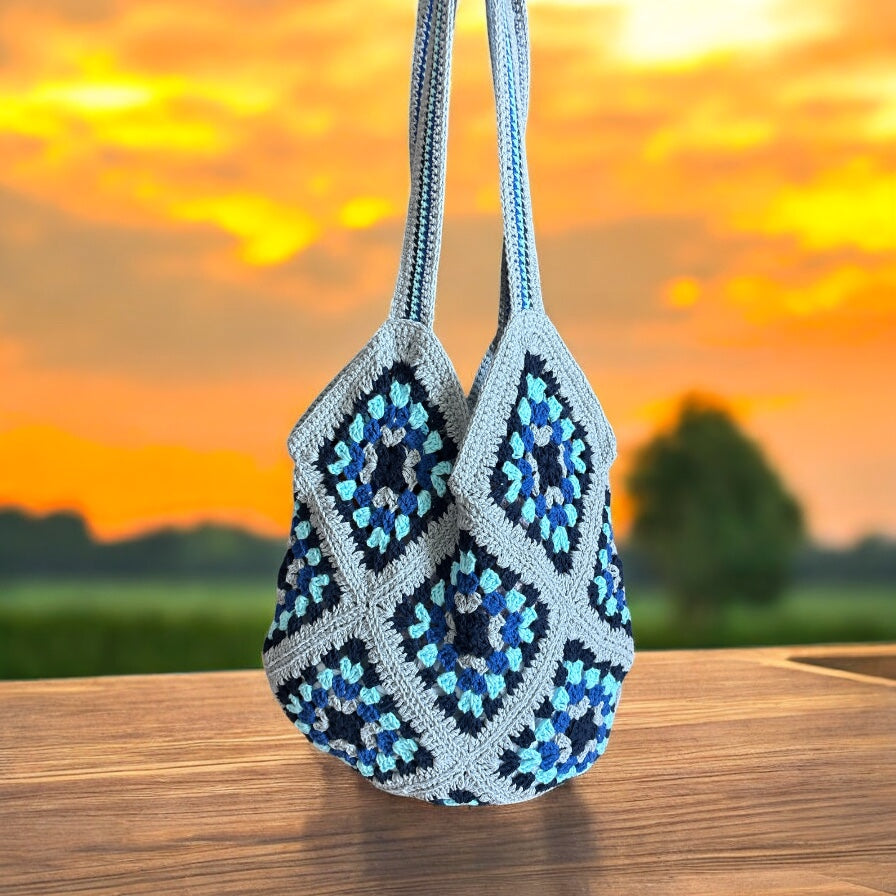 Bolso Hombro Crochet Granny Square Azul y Gris
