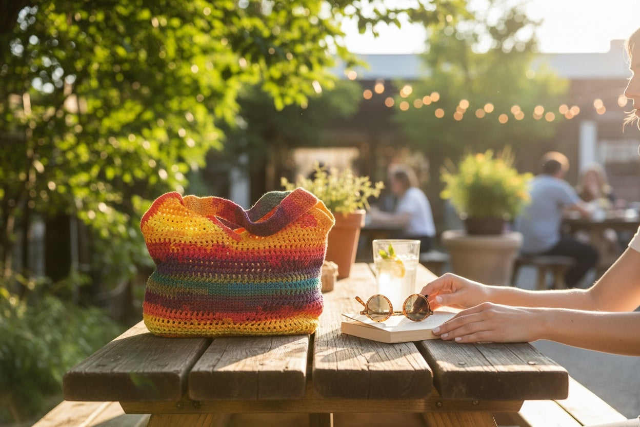 BOLSO TEJIDO A CROCHET DE COLORINES EN TONOS DE VERANO