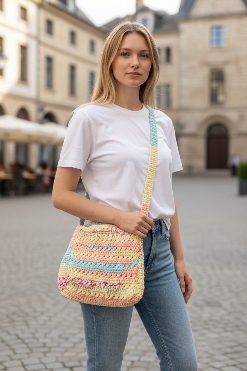 BOLSO TEJIDO A CROCHET ESTILO BANDOLERA COLORES PASTEL