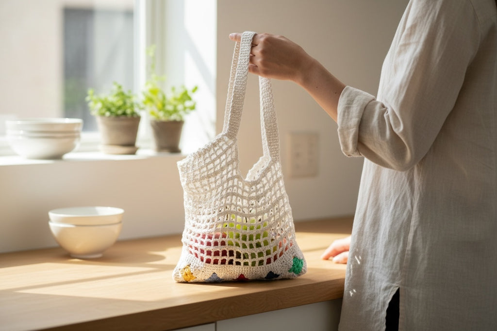 BOLSO TEJIDO A CROCHET COLOR CRUDO CON ESTRELLAS DE COLORES