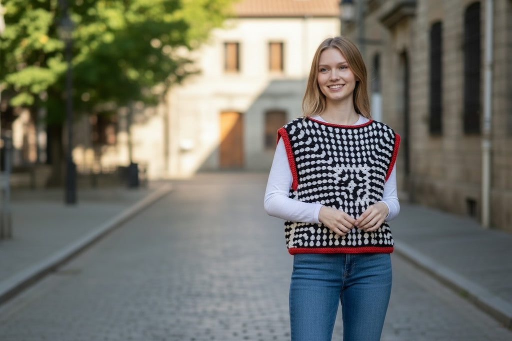Top Crochet Granny B&W Bordes Rojos