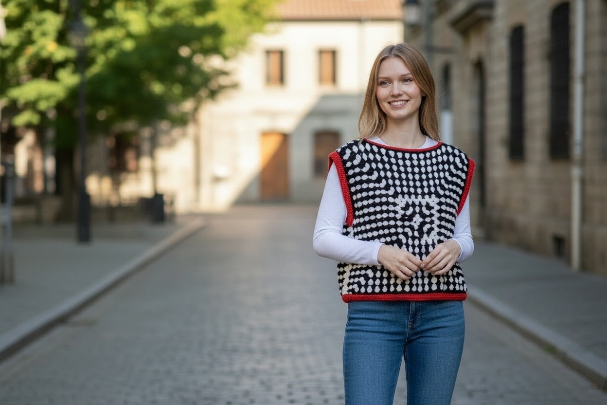 Top Crochet Granny B&W Bordes Rojos