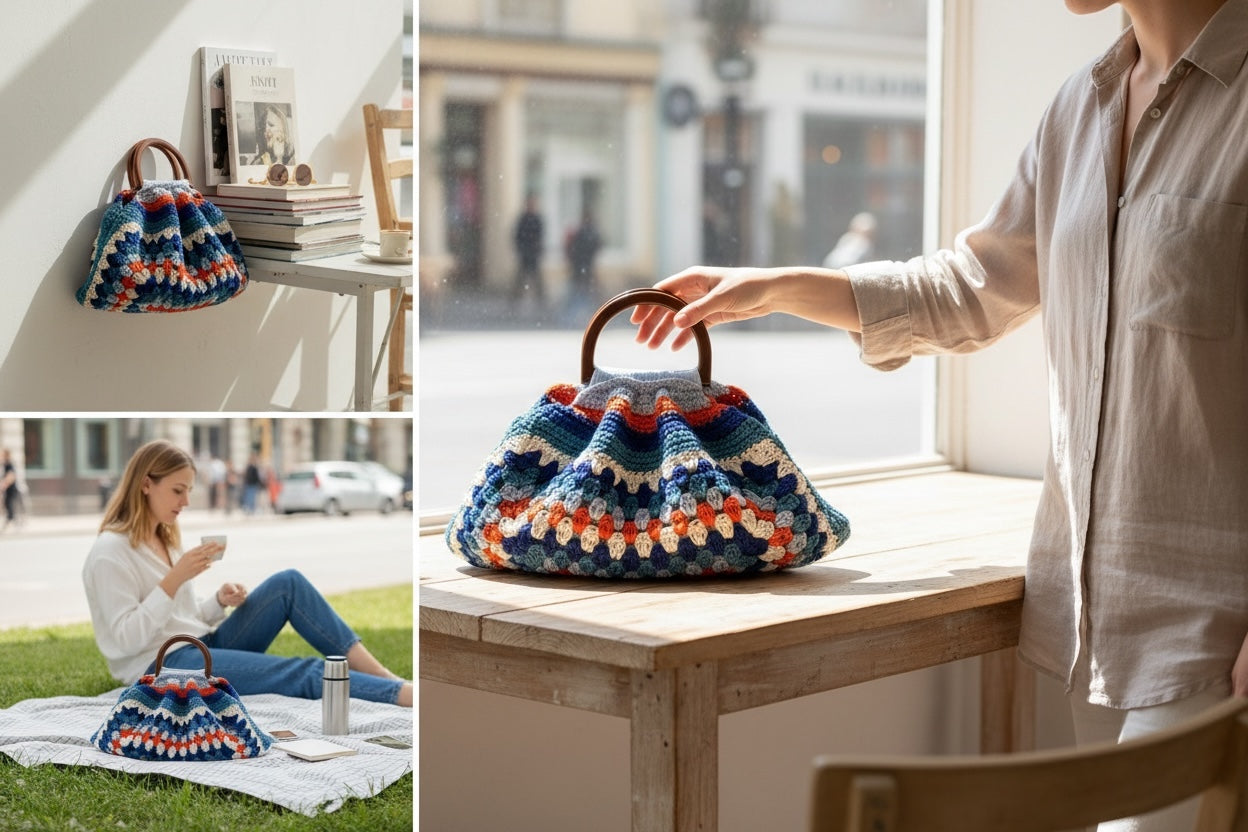Bolso Mano Crochet Granny Square Asa Madera