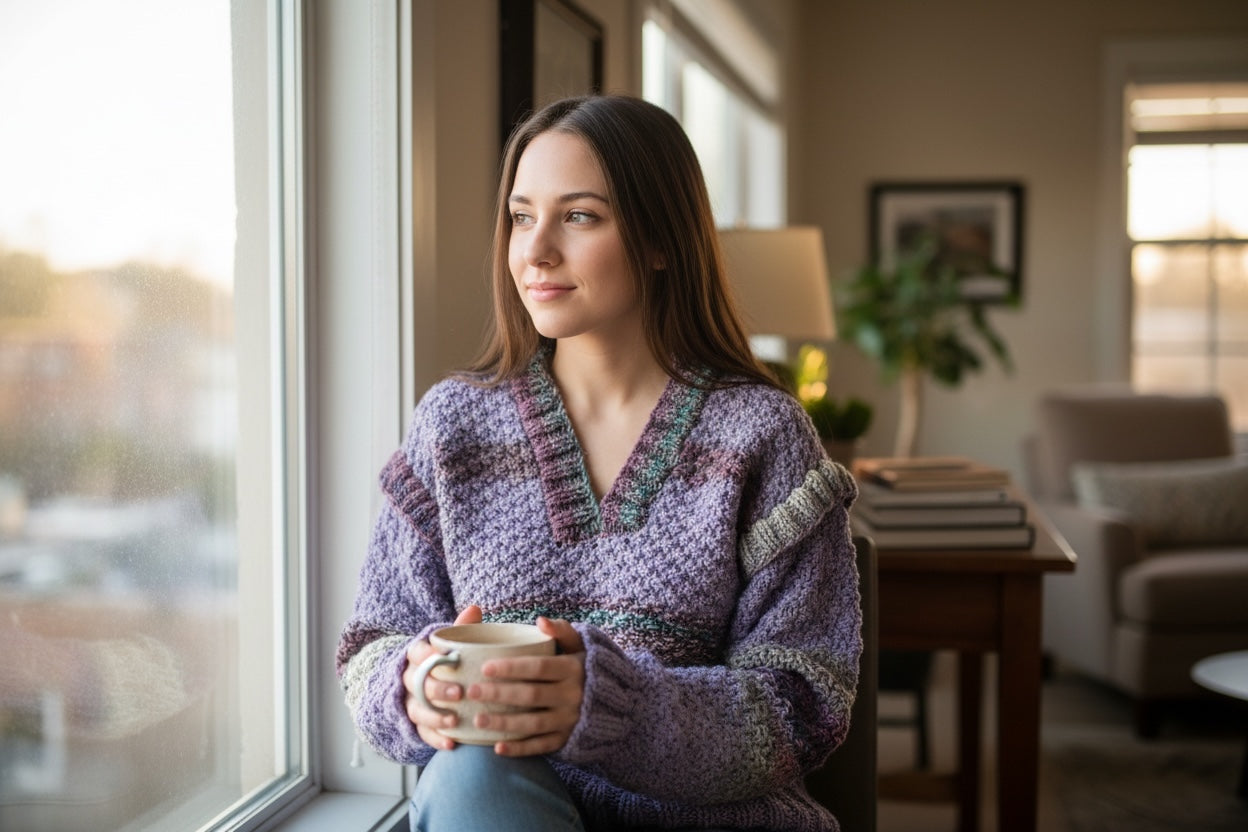 Suéter Crochet Cuello V Lavanda con Rayas
