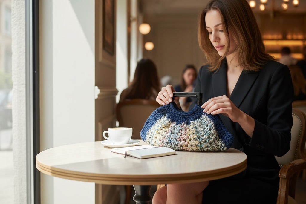 Bolso Crochet Azul Marino Multicolor Asa Acrílico