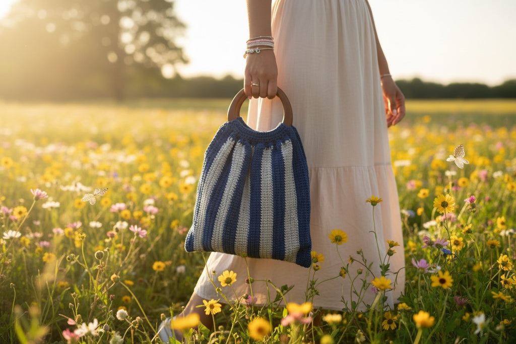 BOLSO TEJIDO A CROCHET DE RAYAS AZUL Y BLANCO