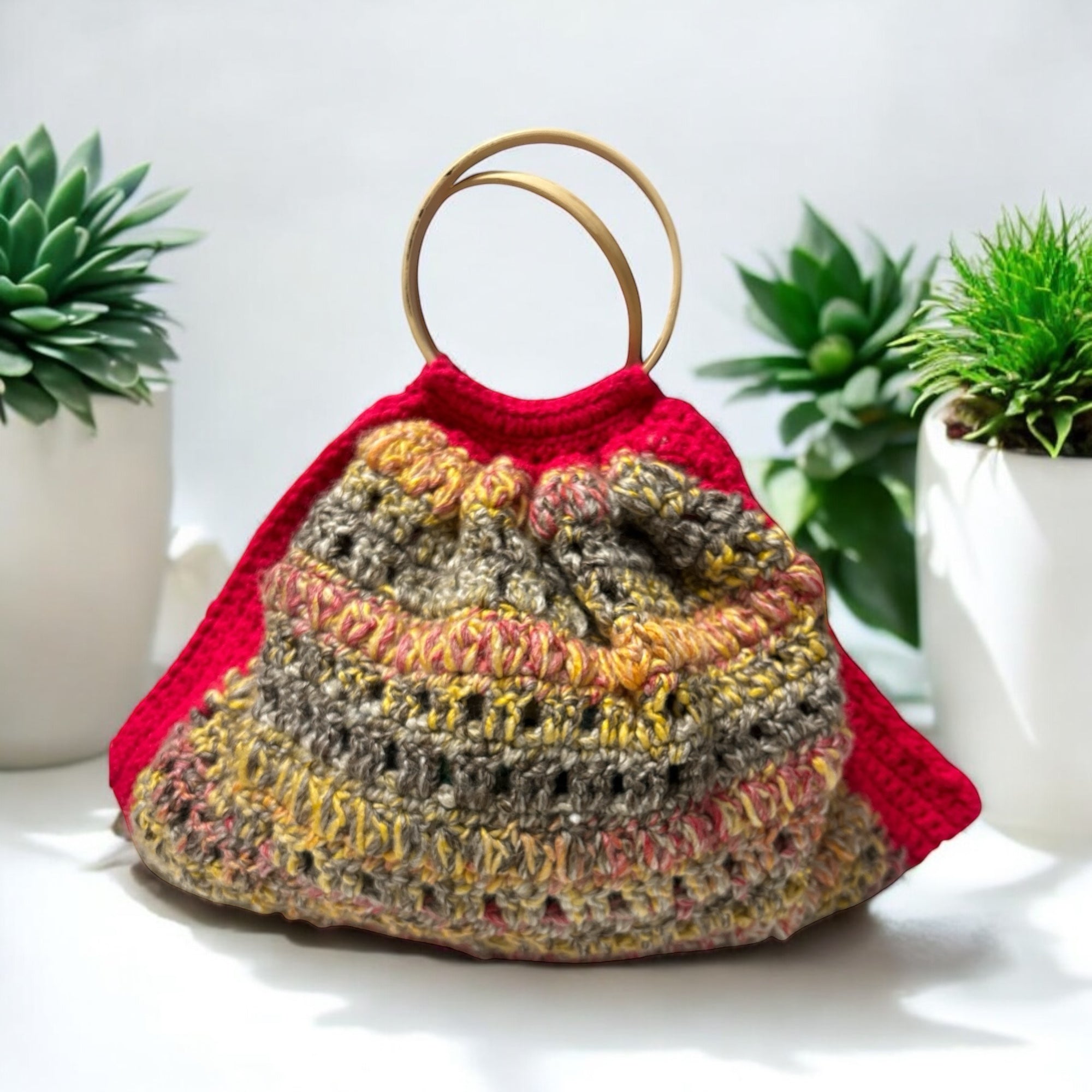 Bolso Mano Crochet Rojo Asa Bambú